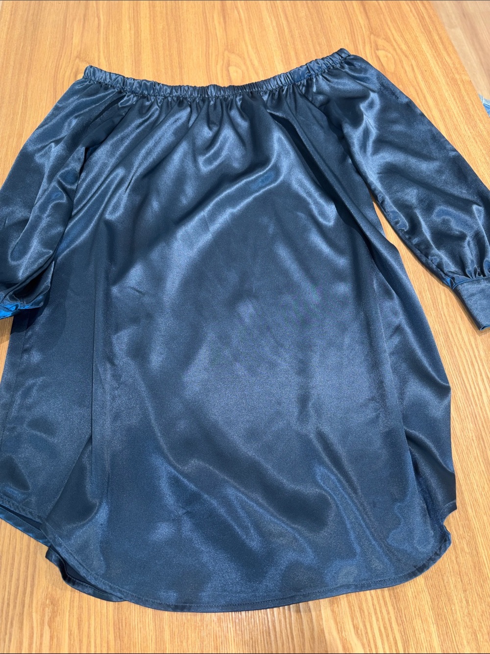 Off-Shoulder Satin Mini Dress in Navy Blue